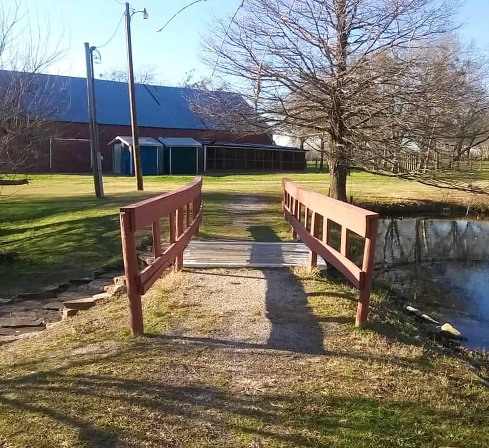 Bridge over a creek in a park with trees and a building in the background, emphasizing scenic nature and outdoor paths.