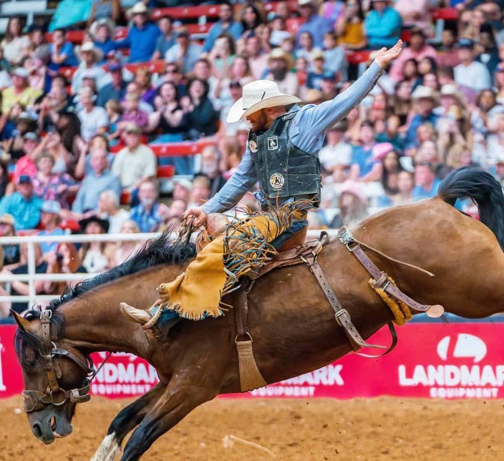 Rodeo cowboy participating in a rodeo event with a lively audience in the background.