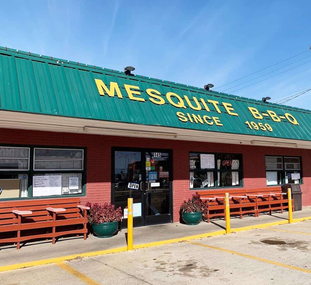 Classic Mesquite B.B.Q. restaurant with outdoor seating, established since 1959.