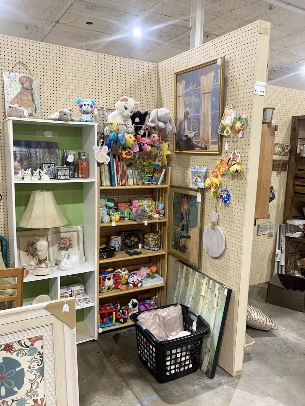 Colorful plush toys and home decor items displayed on shelves at QuestForDirections thrift store.