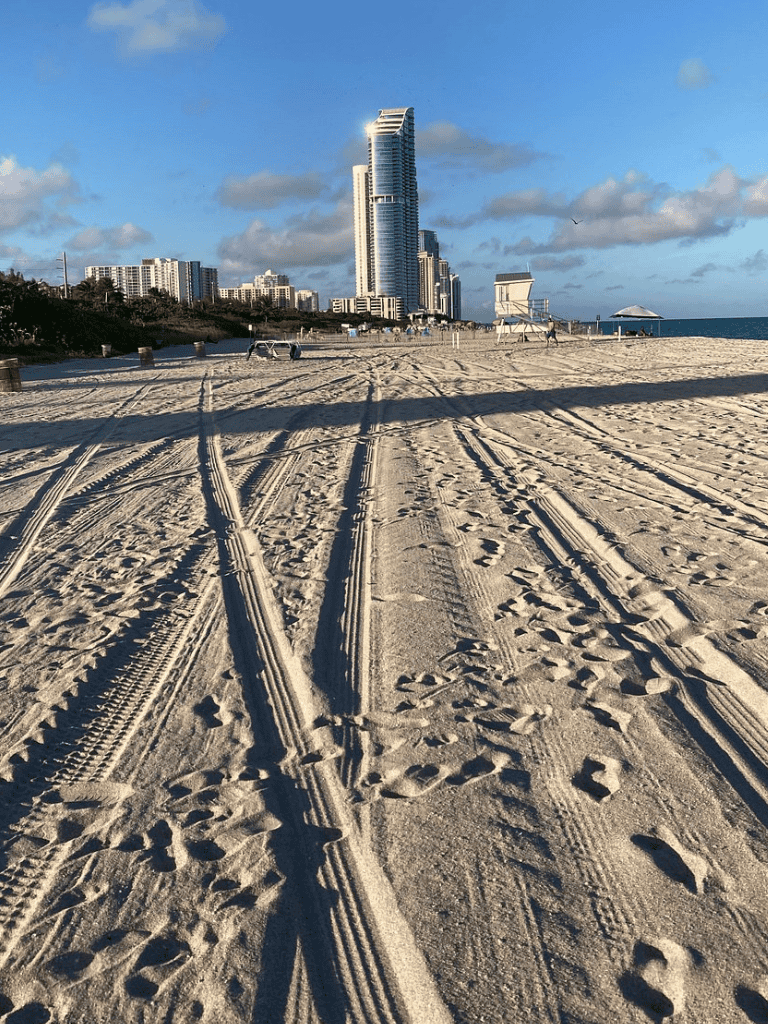 Vast sandy beach with tire tracks and footprints, city skyline in background, sunny day, for travel and coastal exploration.