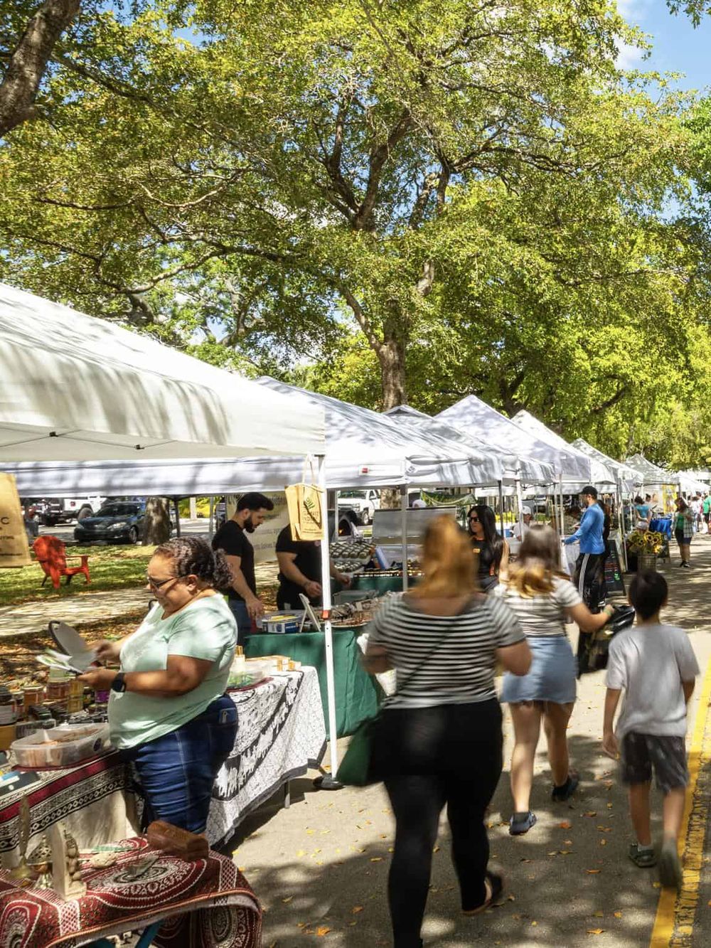 Vibrant outdoor farmers market under lush green trees with diverse vendors and shoppers enjoying shopping experience.