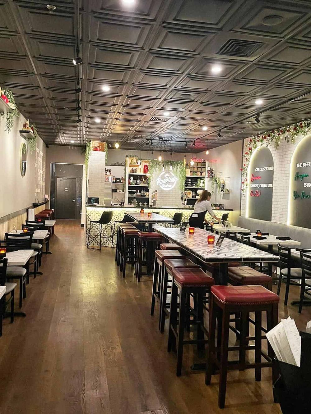 Elegant restaurant interior with modern decor, cozy ambiance, and stylish seating arrangements.