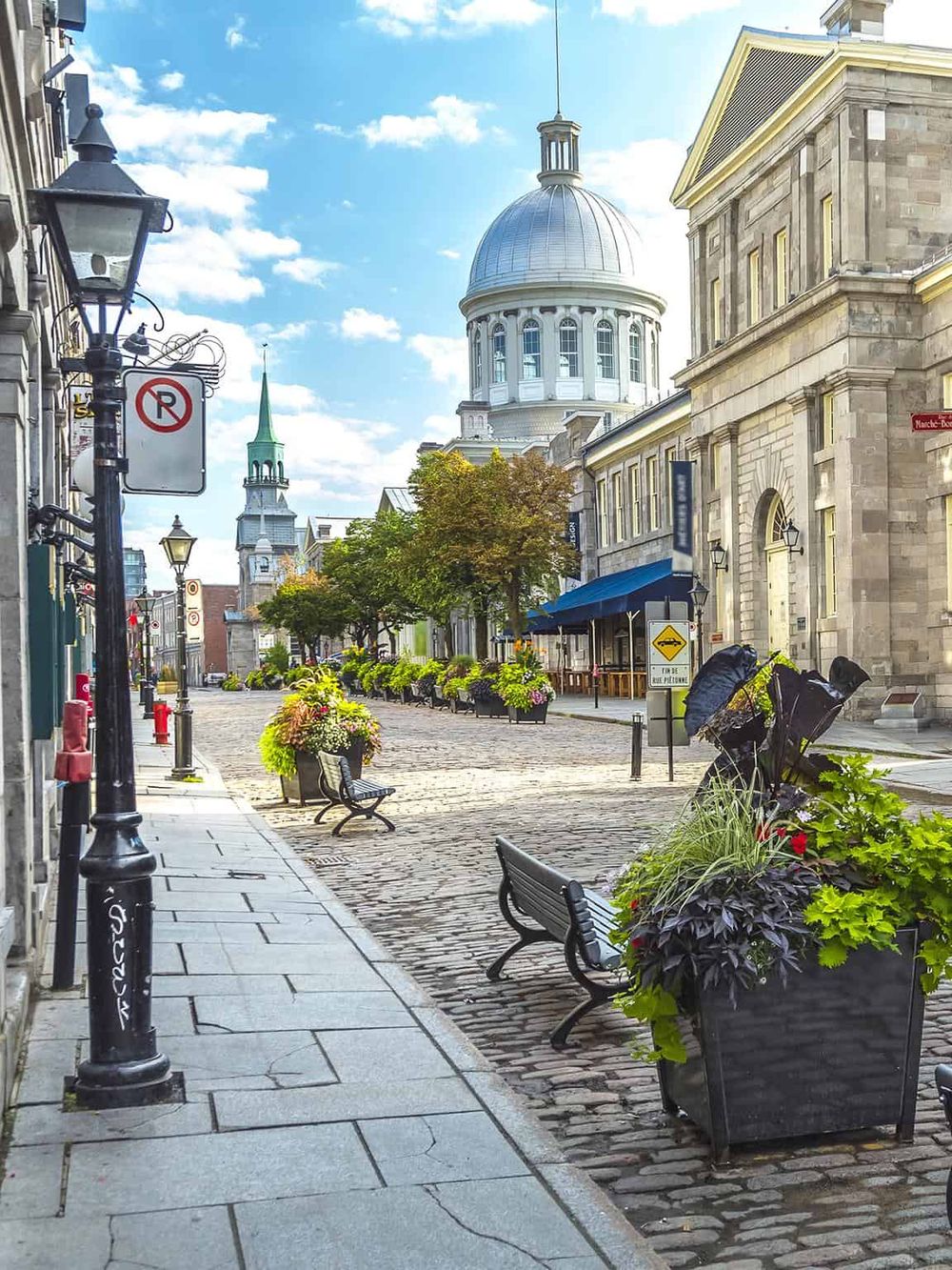 Quiet city street with historic architecture, cobblestone pavement, and flower planters - perfect for urban exploration.