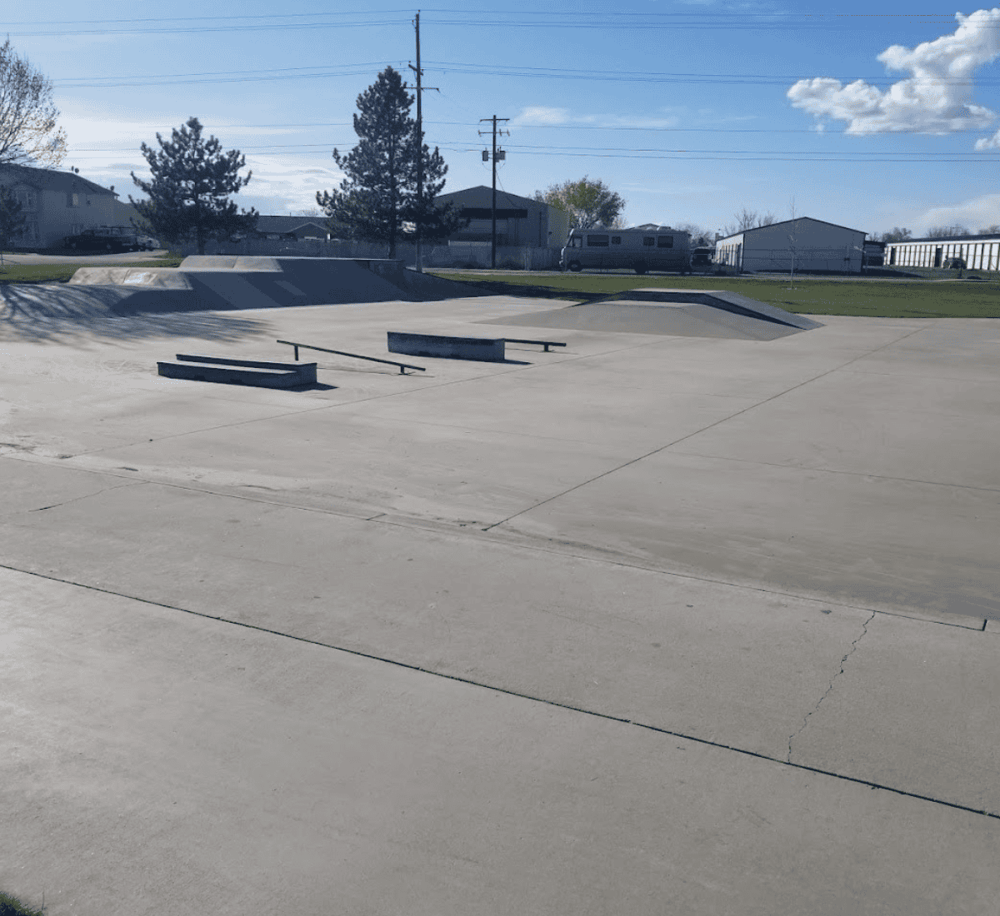 Concrete skatepark with ramps and rails in a suburban area under a sunny sky.