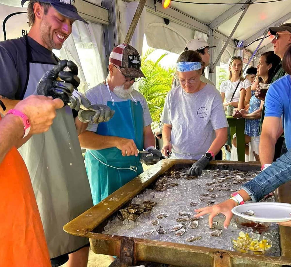 Fresh oysters being shucked at a seafood festival, showcasing expert handling and fresh catch.