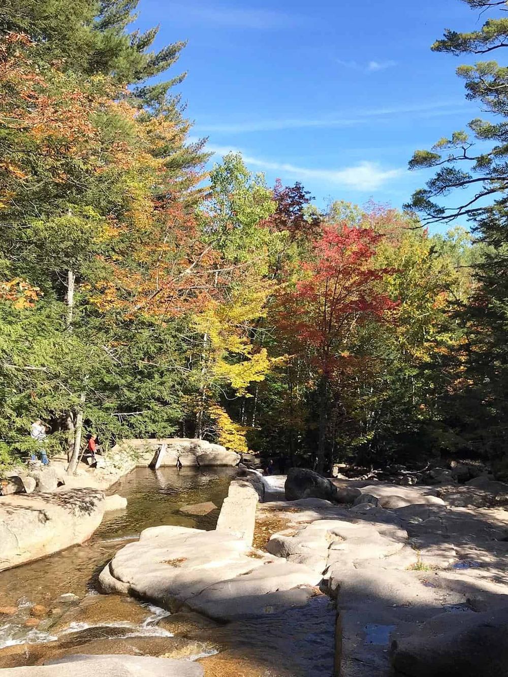 Colorful fall foliage at a scenic river park with rocks and trees, perfect for nature walks and outdoor exploration.