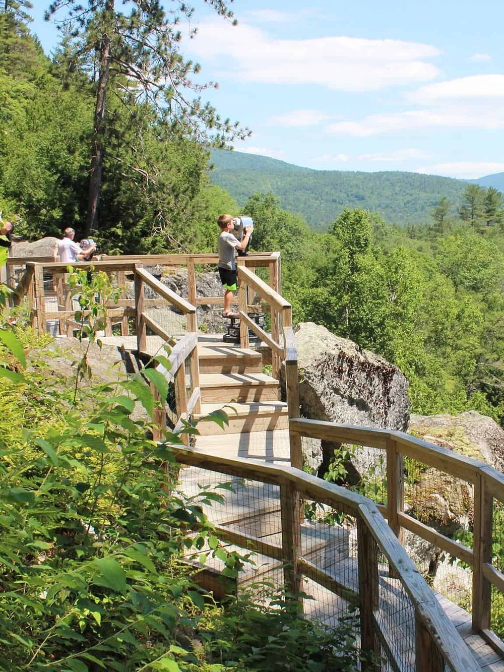 Scenic mountain trail with a wooden lookout platform, overlooking lush green forests and distant mountains.