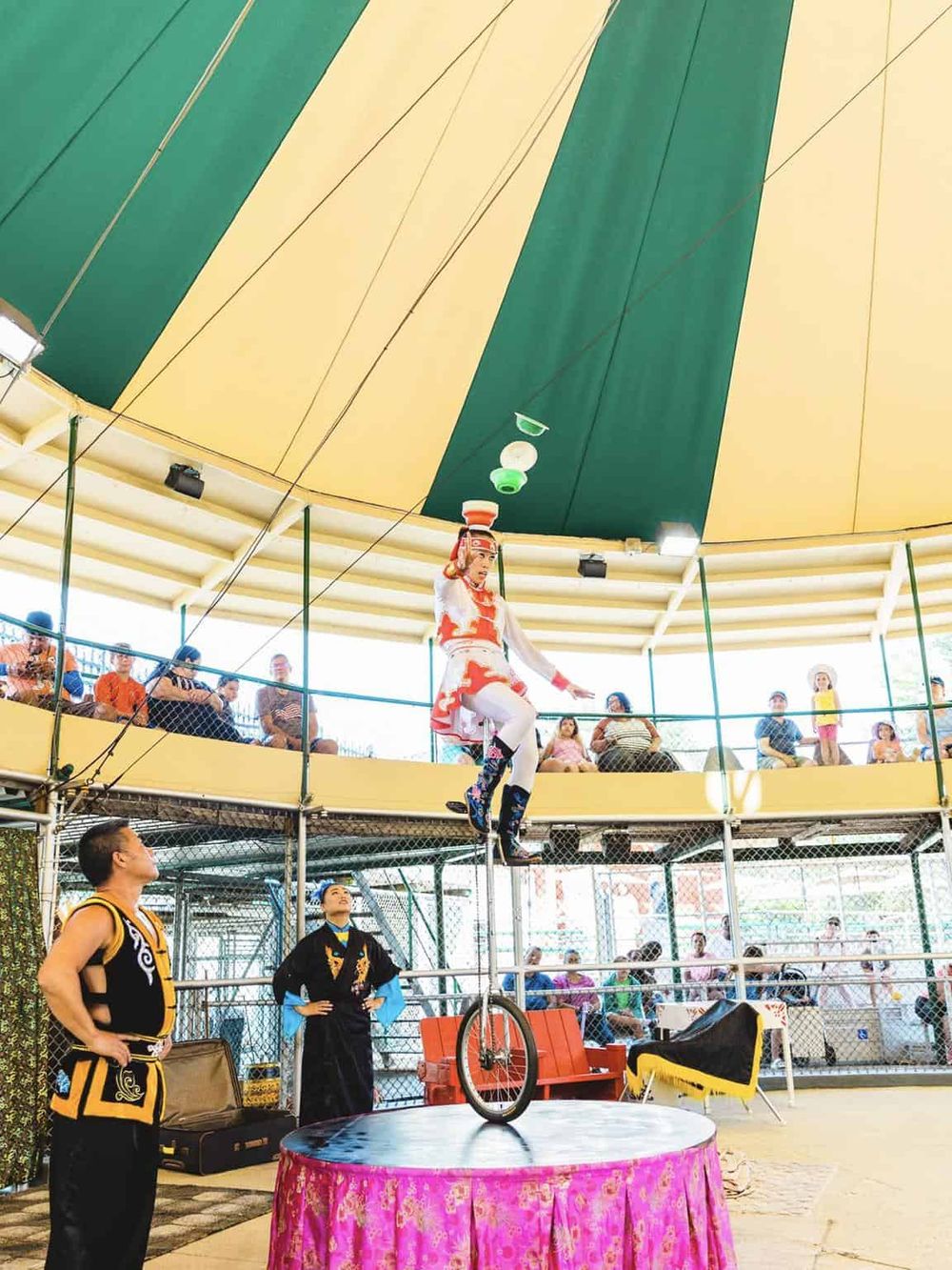 Circus performer balancing on unicycle during a show at QuestForDirections event.