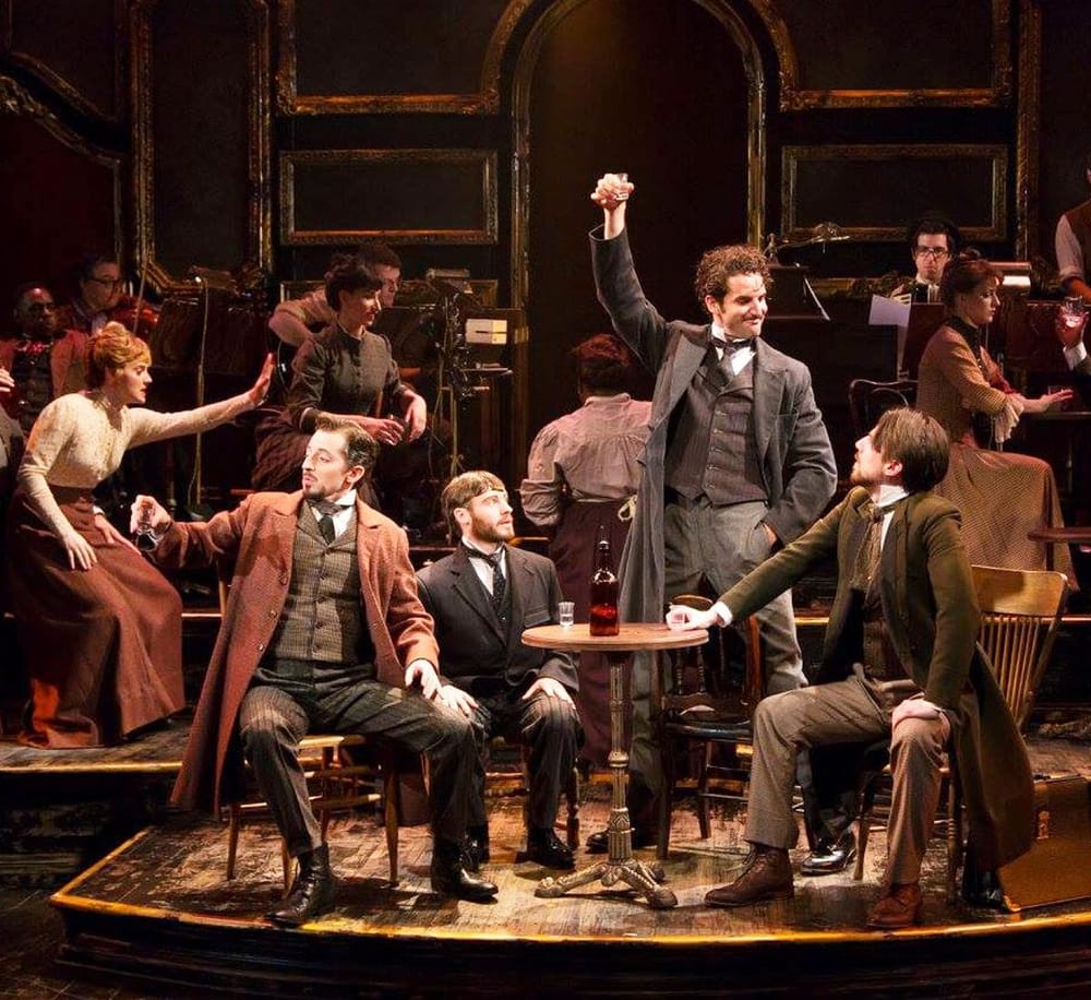 Elegant historical theater scene with actors in vintage costumes performing on stage, capturing classic period drama ambiance.