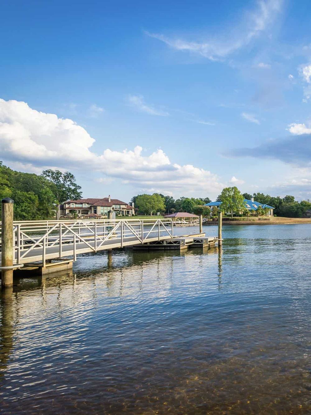 Serene waterfront scene with boat dock, lush greenery, and clear blue sky, perfect for relaxation and outdoor activities.