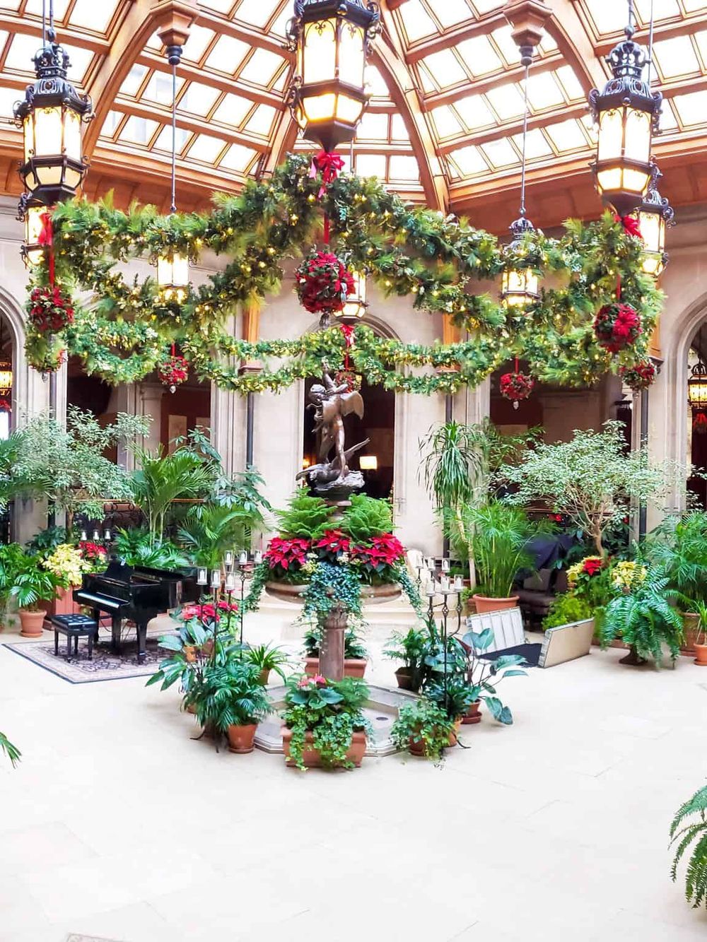 Elegant indoor garden with festive holiday decorations and lush green plants.