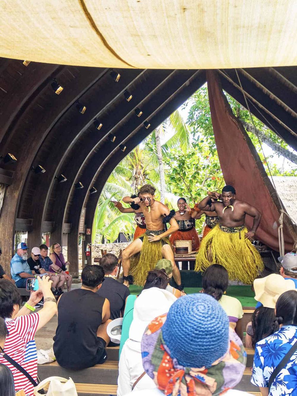 Vibrant Polynesian dance performance in tropical outdoor setting with lush greenery and colorful traditional costumes.