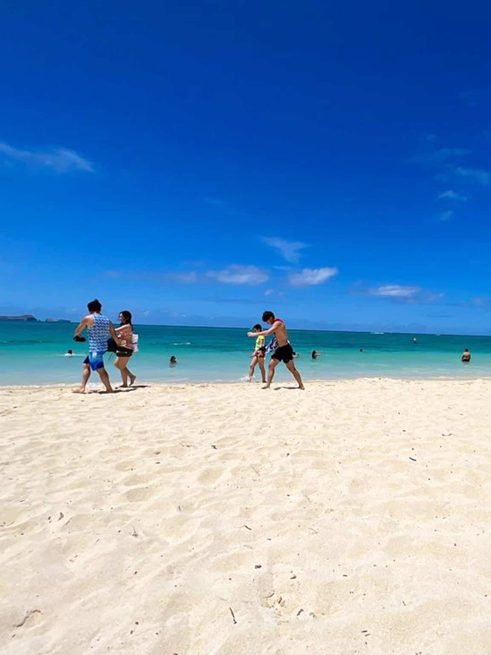 Bright beach scene with families and friends enjoying sunny day on sandy shore and turquoise ocean.