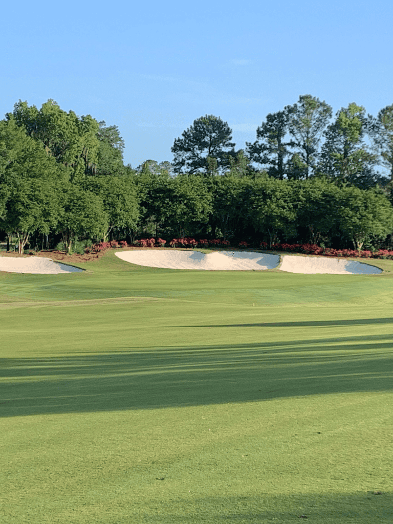Lush green golf course with sand bunkers and trees under a clear blue sky.