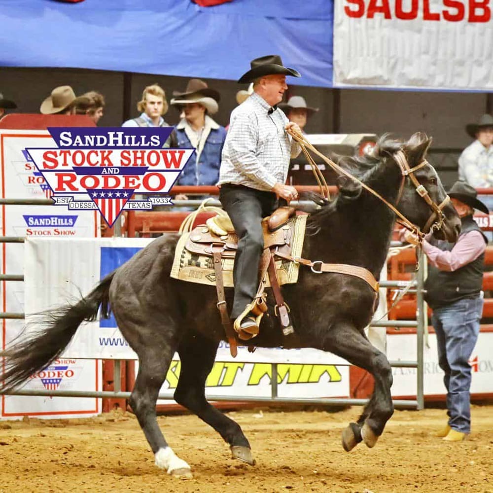 Rodeo cowboy riding horse at SandHills Stock Show and Rodeo in Odessa Texas.