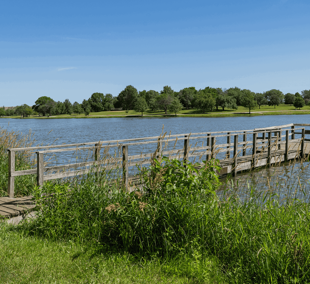Serene lake with wooden dock and lush greenery, ideal for outdoor recreation and scenic walks.