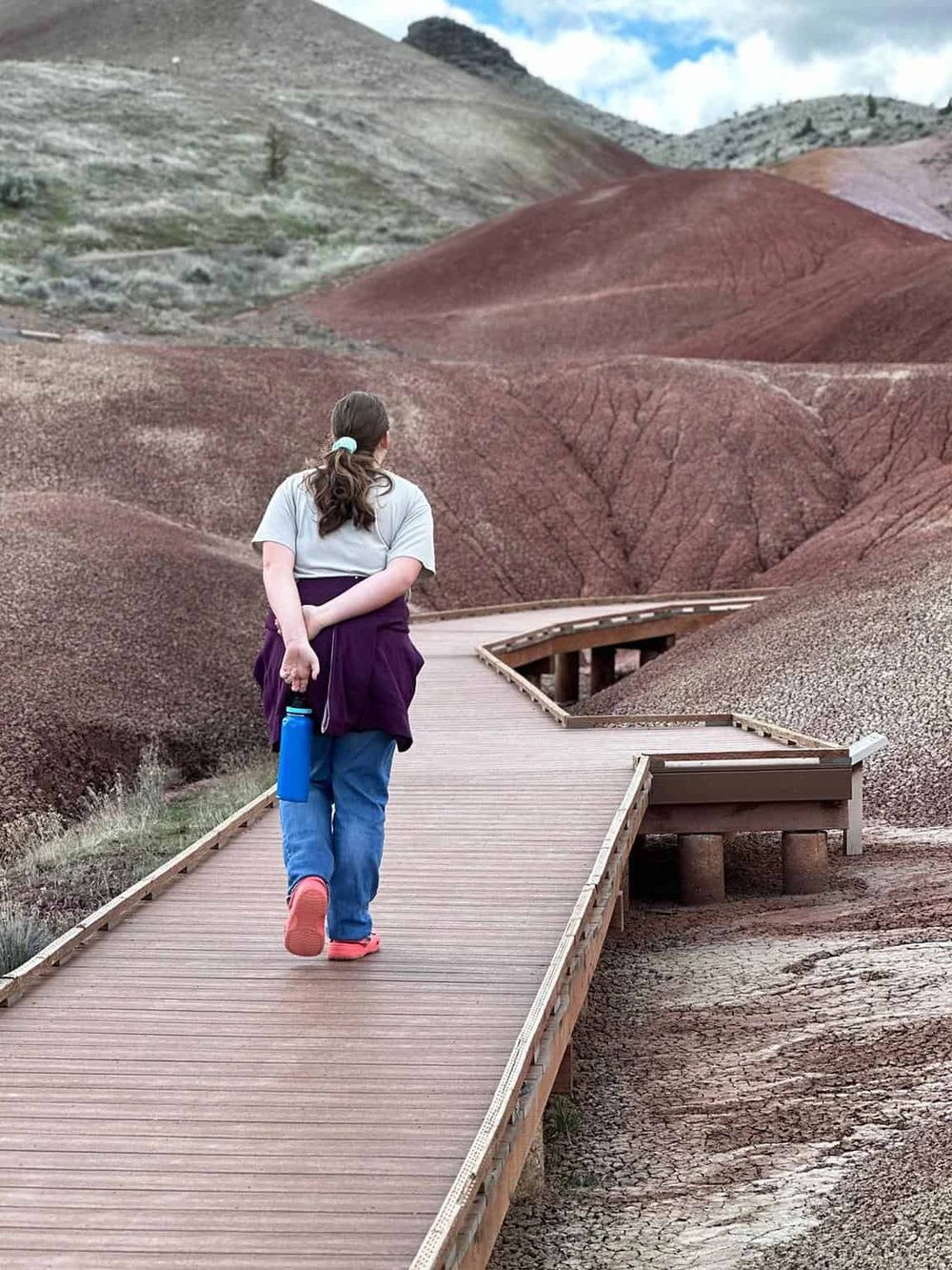 Colorful desert hills hiking trail with a person walking along wooden pathway, scenic outdoor adventure.