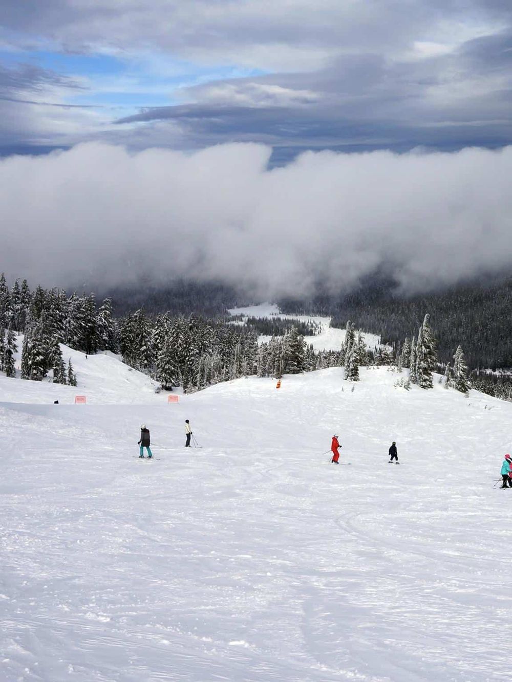 Snowy ski resort with skiers and snowboarders on the slopes, surrounded by snowy trees and mountain views.