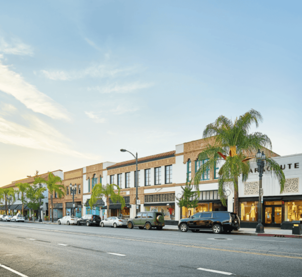 Chinatown shopping district with retail stores, palm trees, and historic architecture.