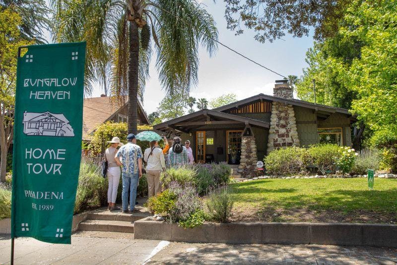 Charming Pasadena home tour with visitors exploring Bungalow Heaven neighborhood.