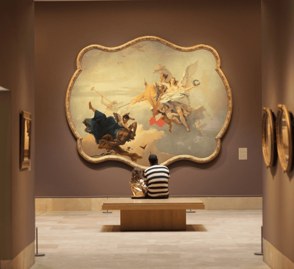 Vibrant Baroque-style painting at an art museum, visitors admire classical artwork, enhancing cultural and art exploration experiences.