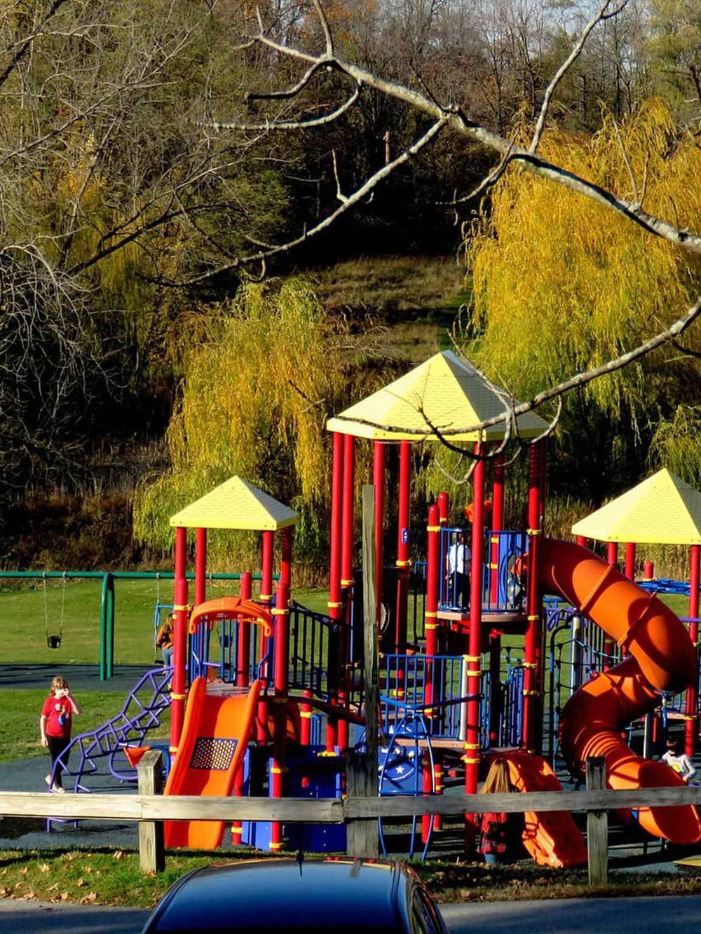Colorful playground structures in a park with autumn trees in the background.