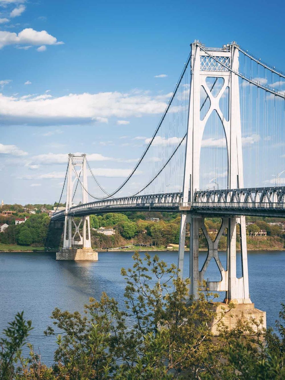 Suspension bridge over water with scenic greenery, ideal for travel navigation and exploration.