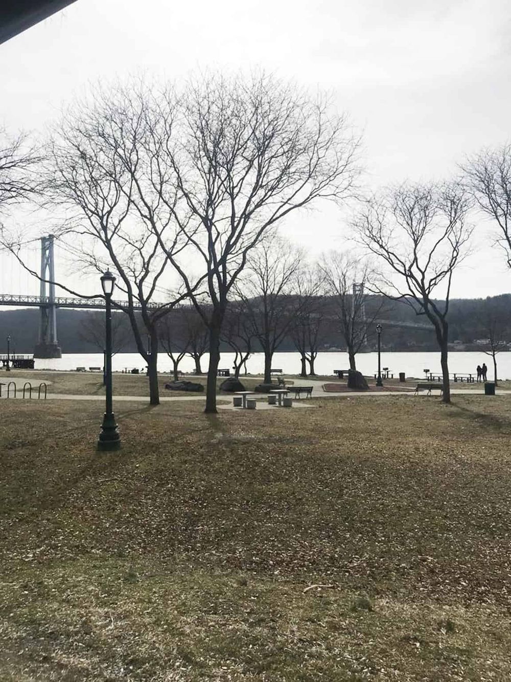 Serene waterfront park with leafless trees, benches, and scenic bridge view in the background.
