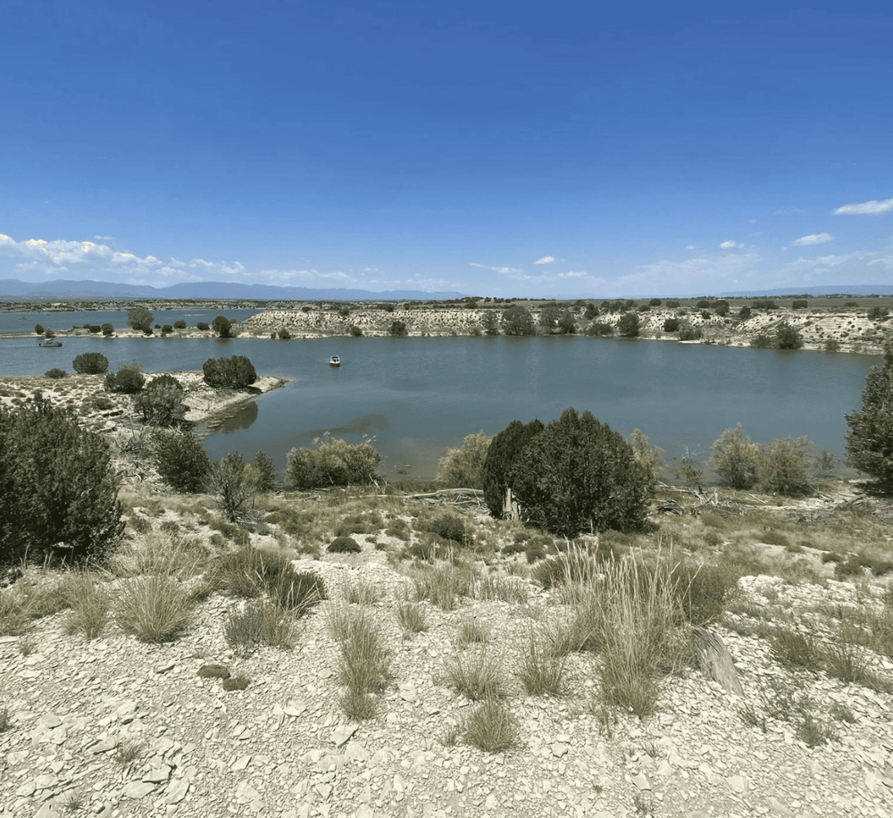 Serene lake landscape with boats, arid terrain, and distant mountains under a blue sky. Perfect for outdoor recreation and scenic views.