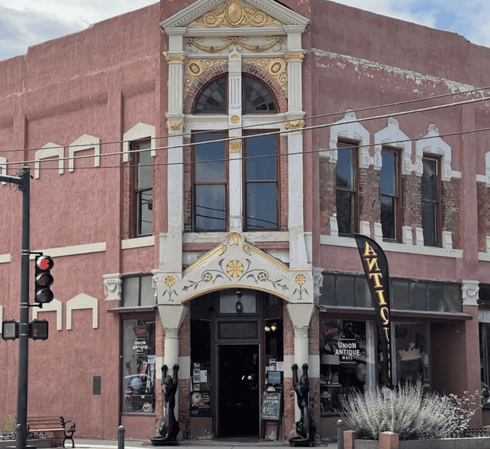 Vintage building façade with ornate architectural details at Union Antique Mall.