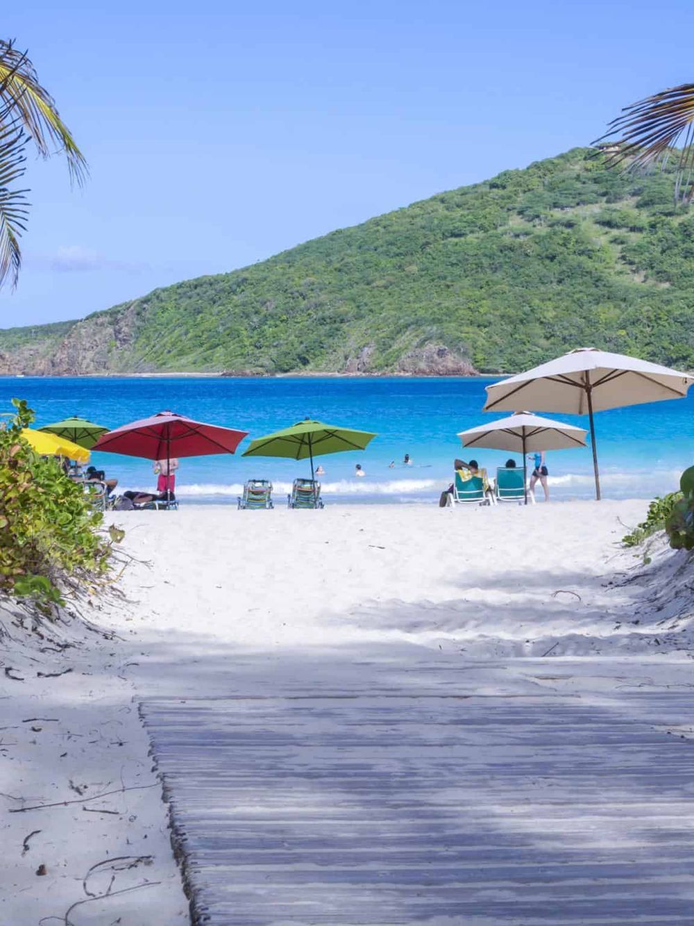 Colorful beach umbrellas and lounge chairs by turquoise ocean, lush green hillside, perfect tropical vacation destination.