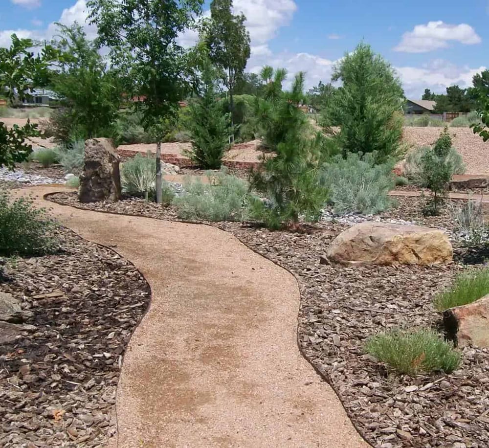 1. Beautiful desert landscape with winding path, rocks, and lush greenery.