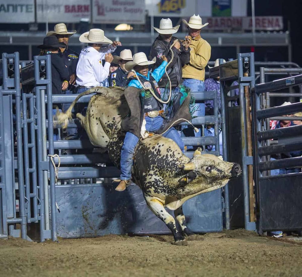 Rodeo cowboy riding a bucking bull at a professional rodeo event.