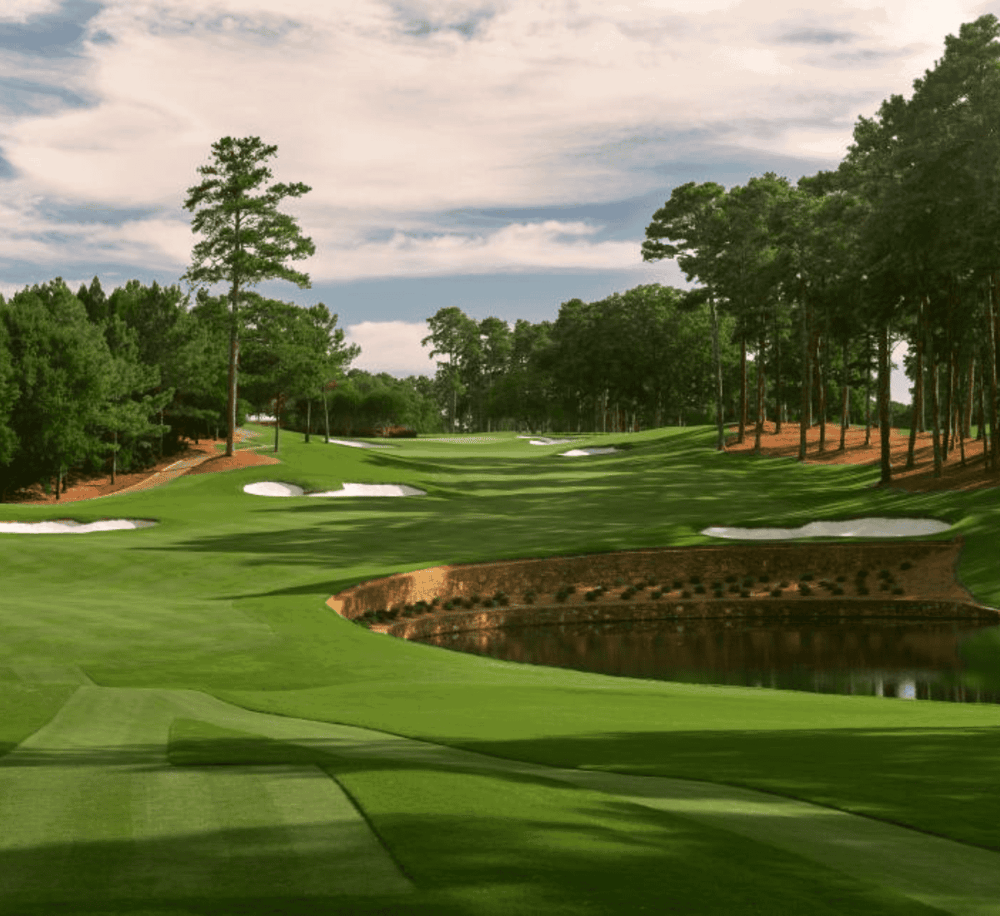 Lush golf course with sand traps, water hazard, tall trees, and blue sky, perfect for golf enthusiasts.