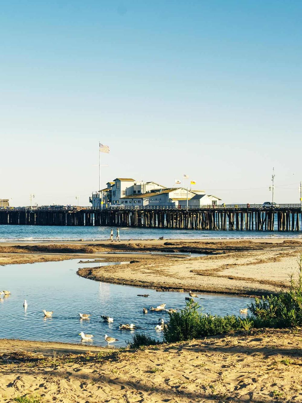 Seaside pier with beach, seagulls, and ocean view at sunset.