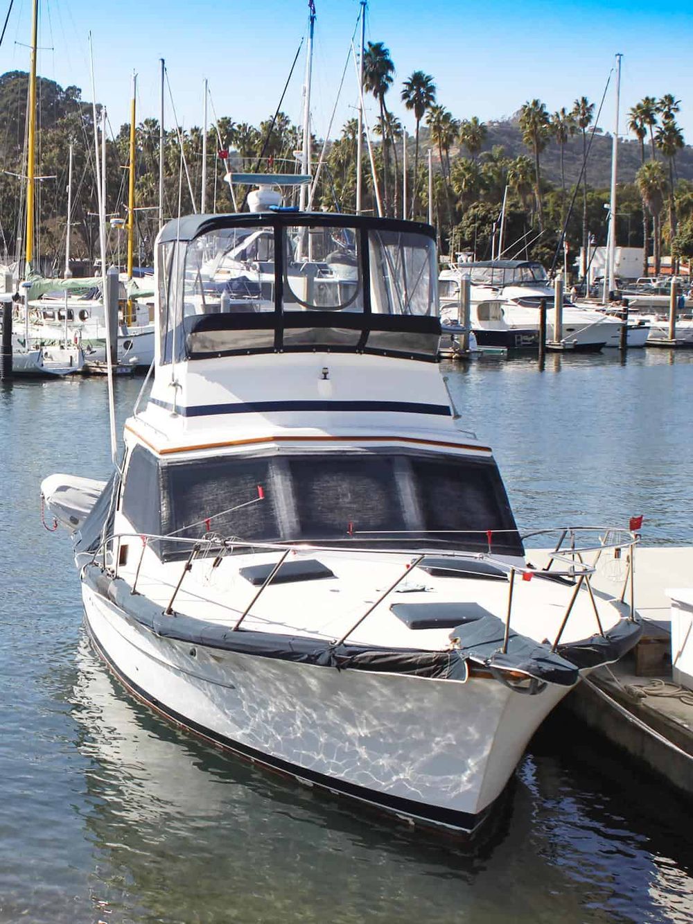 Luxury yacht docked at marina with palm trees and sailing boats, sunny California coastal scenery.