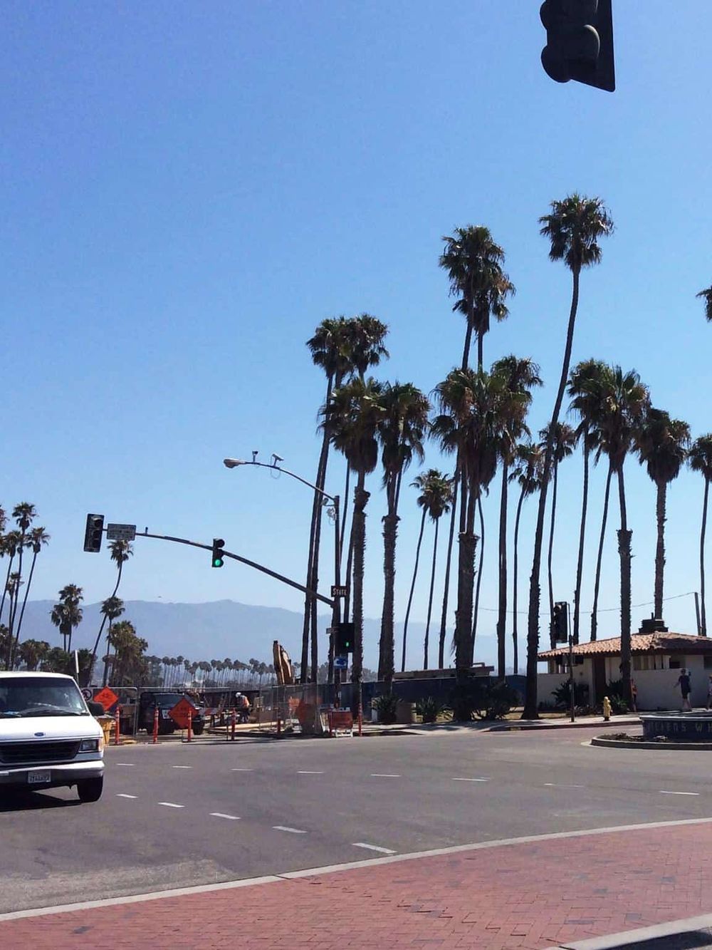 Bright sunny day with palm trees lining a coastal street and traffic lights in a beach city.