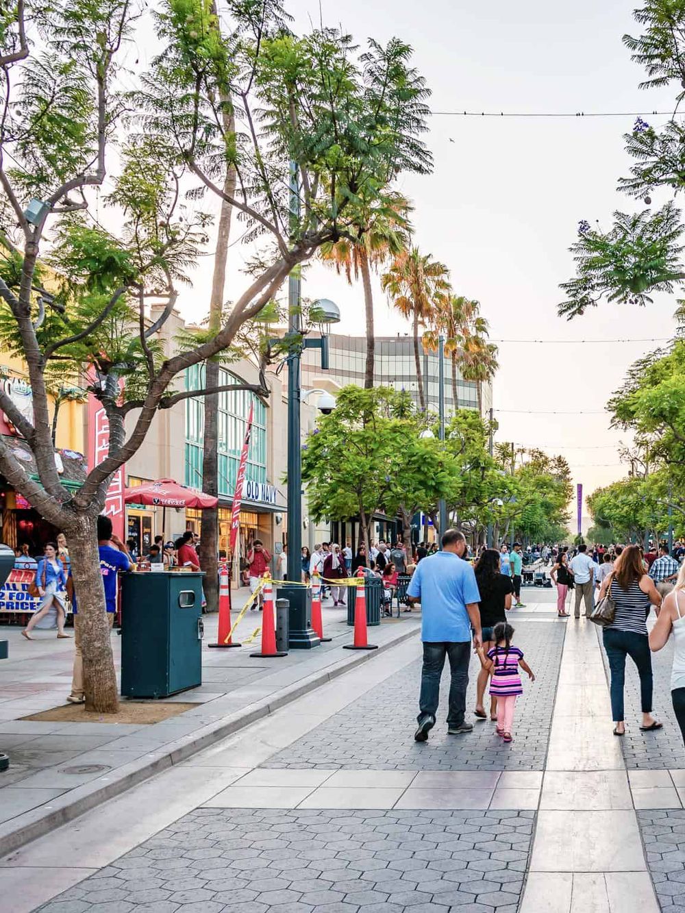 Bustling outdoor shopping street with palm trees and diverse crowd in sunny California.