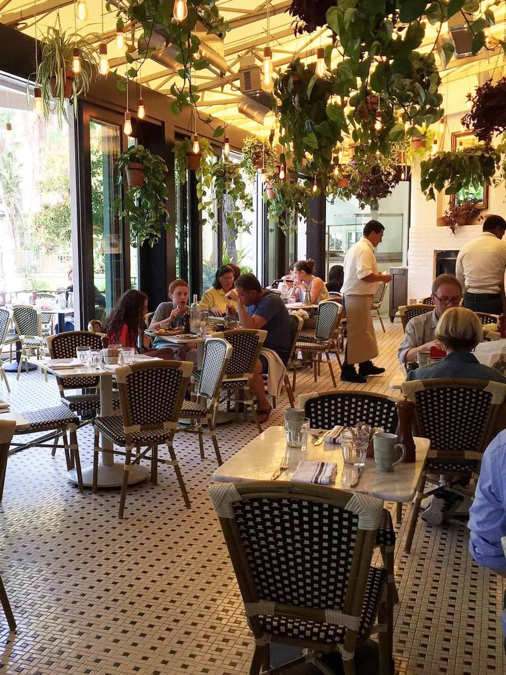 Vibrant restaurant interior with hanging plants, natural sunlight, and diverse diners enjoying meals.