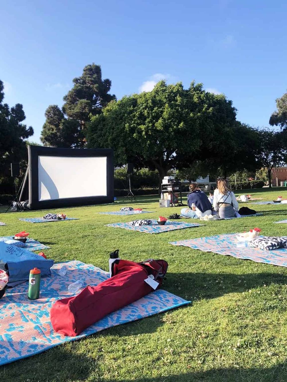 Outdoor movie night setup on a grassy park, with a large inflatable screen and social seating arrangement.