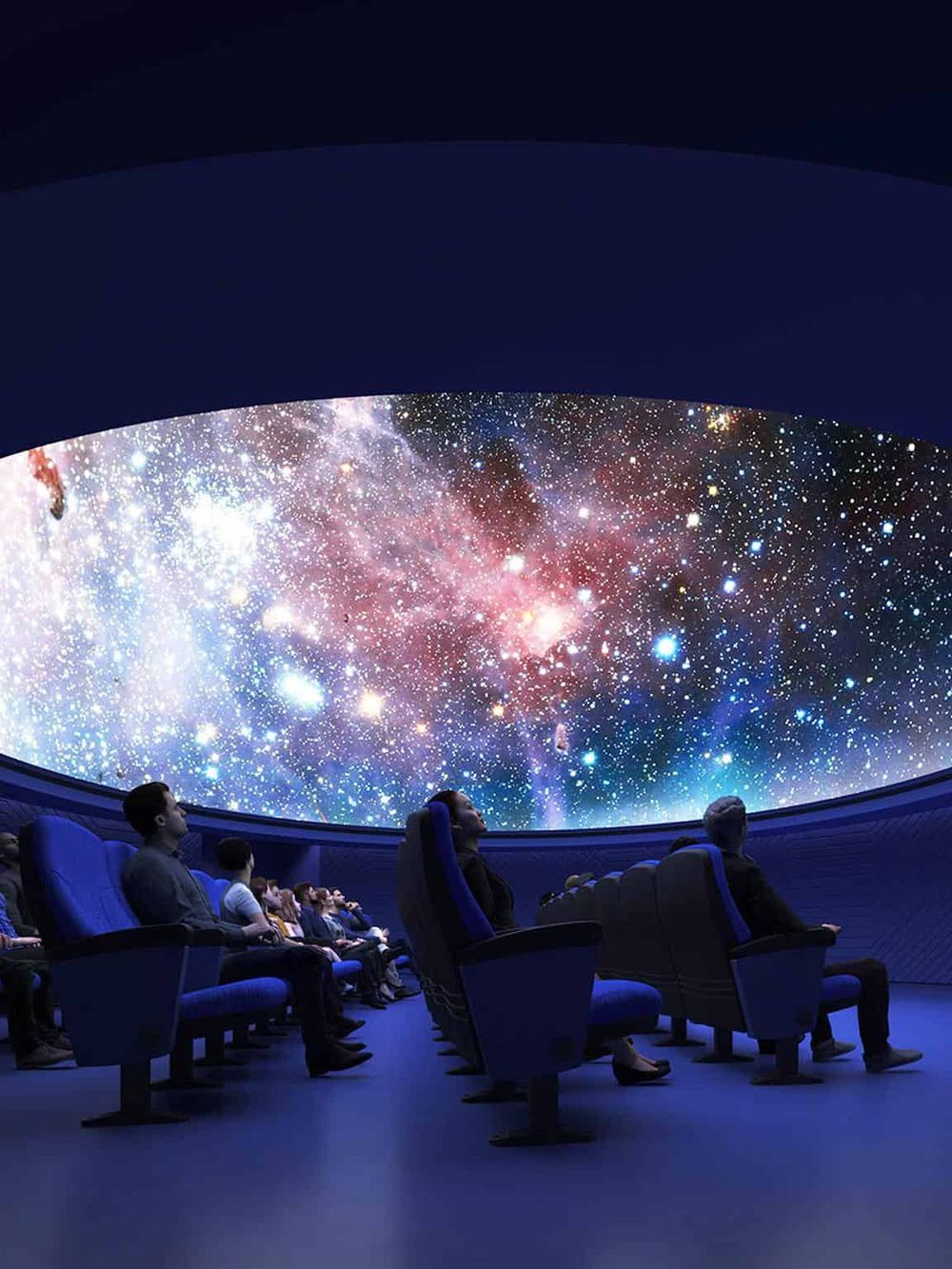 Stargazing audience in planetarium viewing a star-filled sky projection for celestial exploration.