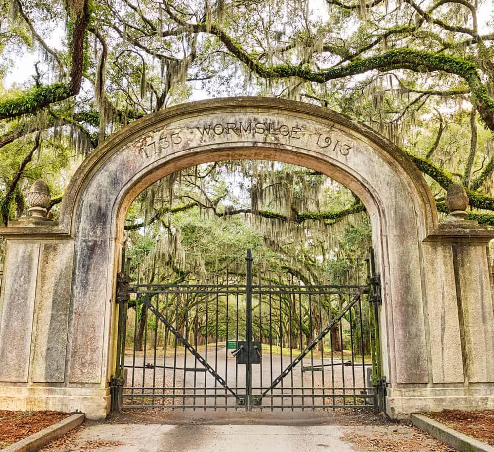 Wormsloe Historic Site entrance gate with mature moss-draped oak trees, a popular tourist attraction and scenic spot in Georgia.