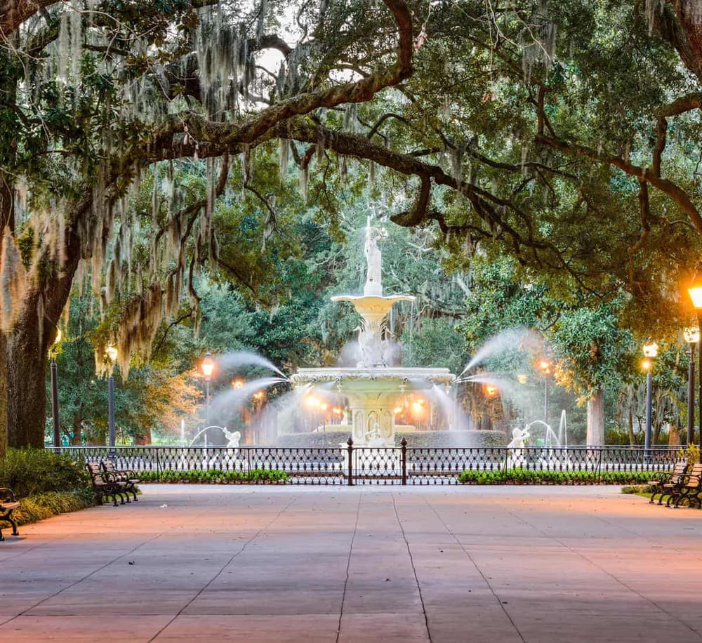 Serene park with fountain amid lush trees, peaceful setting for relaxation and outdoor activities.