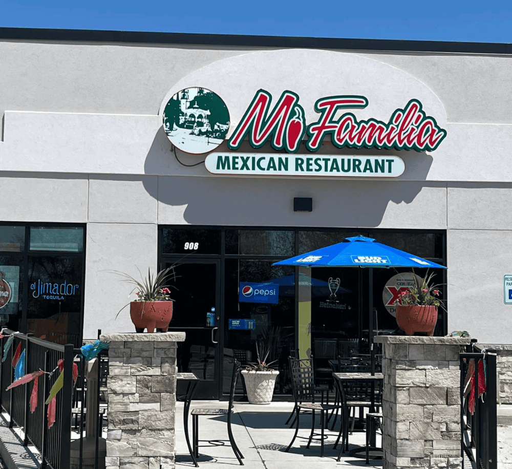 Authentic Mexican restaurant Mia Familia with outdoor seating and vibrant branding.