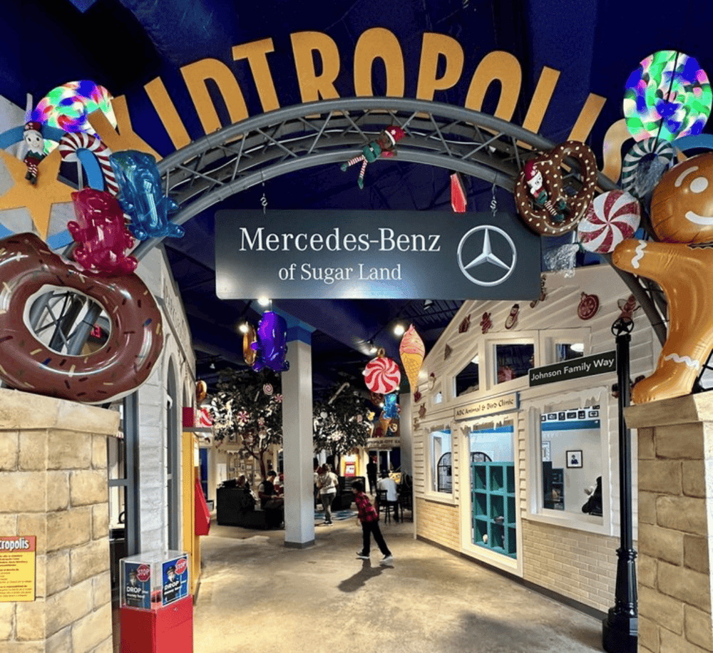 Colorful holiday decorations at QuestForDirections, Sugar Land's entertainment destination.