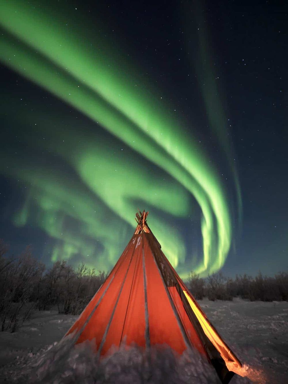 Aurora Borealis sky over a traditional Sami tent in Arctic wilderness during winter night.