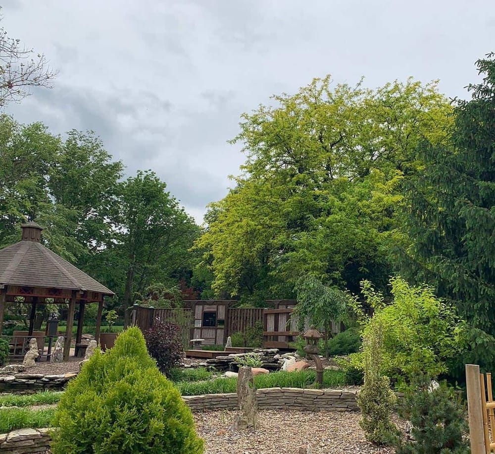 Aesthetic backyard garden with pavilion, lush trees, and stone landscape, perfect for outdoor relaxation and gatherings.