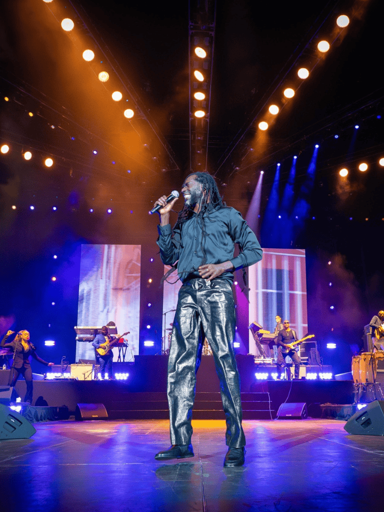 Vibrant live concert with singer and band performing on stage under colorful lighting and spotlights.