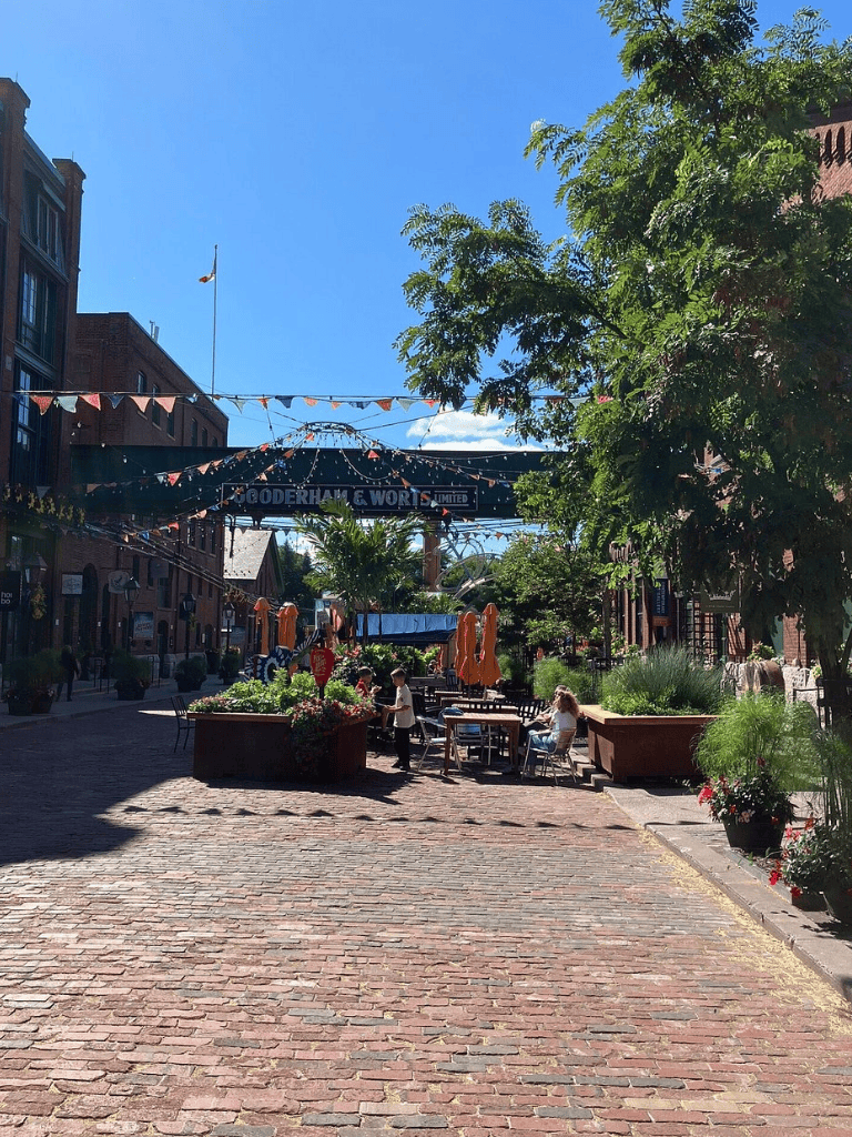 Charming outdoor street scene with cafes, greenery, and festive banners in downtown QuestForDirections.